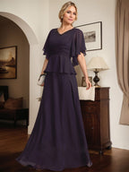 Robe mère de la mariée ligne A en chiffon longue au sol avec décolleté en V et perles plissées