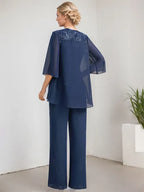 Conjunto separado mono/pantalón con escote redondo, encaje y gasa largo hasta el suelo para madre de la novia con lentejuelas