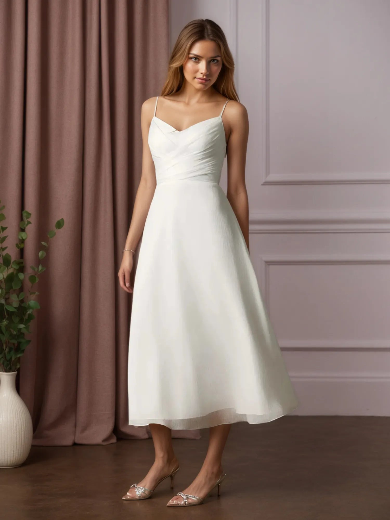 Weißes A-Linien V-Ausschnitt plissiertes knitterfreies Chiffon Hochzeitskleid