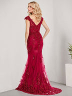 A-Linien V-Ausschnitt bodenlanges Spitzen-Chiffon Kleid für die Brautmutter mit Applikationen und Pailletten Meerjungfrauenkleid