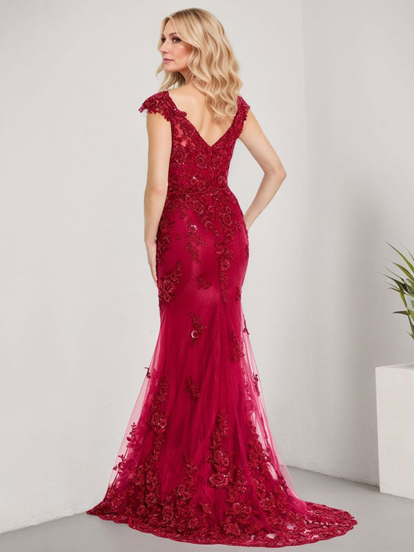 A-Linien V-Ausschnitt bodenlanges Spitzen-Chiffon Kleid für die Brautmutter mit Applikationen und Pailletten Meerjungfrauenkleid