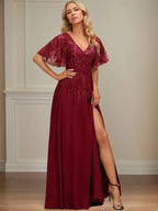 A-line V-Neck Floor-Length Lace Chiffon Evening Dress With Sequins