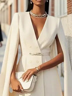Vestido mini de fiesta blanco sin mangas en línea A con blazer de hebilla y escote en V