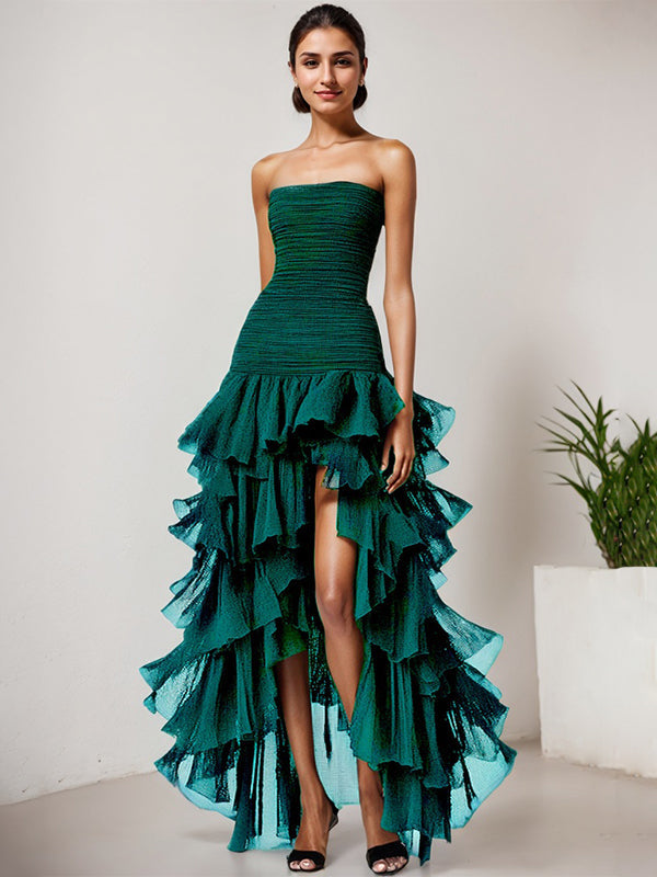 Abito formale lungo chic verde scuro in tulle senza spalline a balze