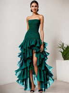 Abito formale lungo chic verde scuro in tulle senza spalline a balze