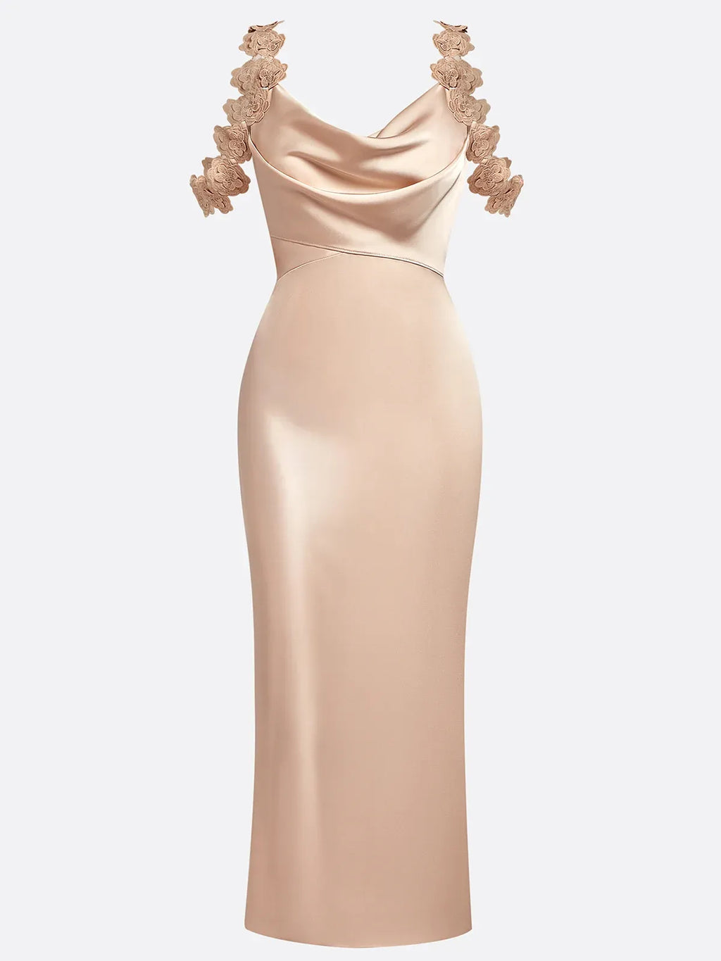 Vestido midi de satén color champán con flores 3D, cuello drapeado y sin mangas tipo columna