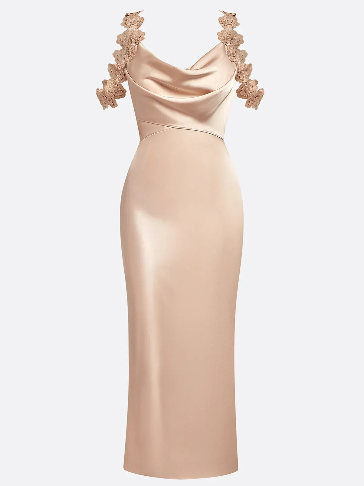 Vestido midi de satén color champán con flores 3D, cuello drapeado y sin mangas tipo columna