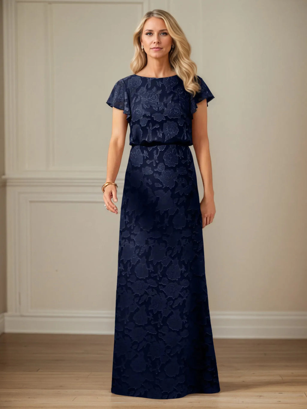 A Line Boat Neck Short Sleeve Floral Burnout Mother of the Bride Dress