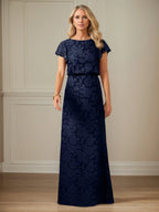 A Line Boat Neck Short Sleeve Floral Burnout Mother of the Bride Dress