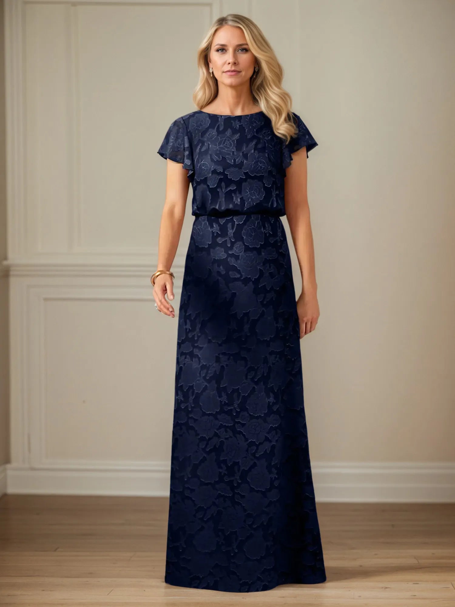 A Line Boat Neck Short Sleeve Floral Burnout Mother of the Bride Dress