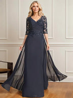 A-Linien V-Ausschnitt bodenlanges Spitzen-Chiffon Kleid der Brautmutter mit plissierten Pailletten