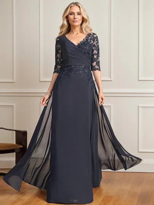A-Linien V-Ausschnitt bodenlanges Spitzen-Chiffon Kleid der Brautmutter mit plissierten Pailletten