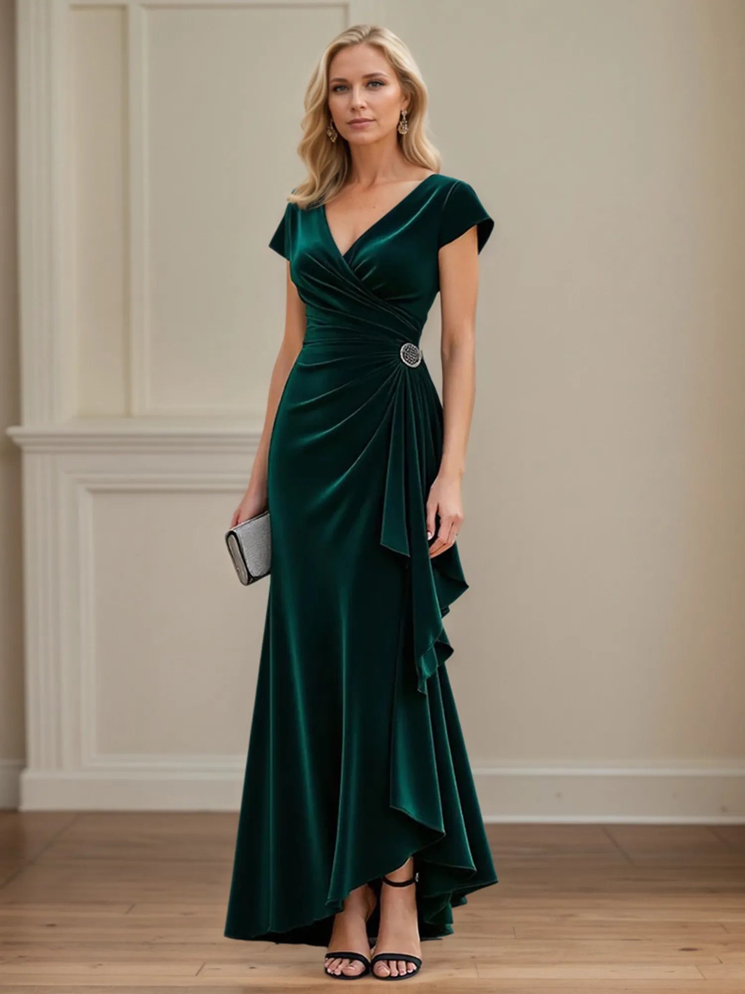 Gerüschtes A-Linien V-Ausschnitt asymmetrisches Kleid für die Brautmutter