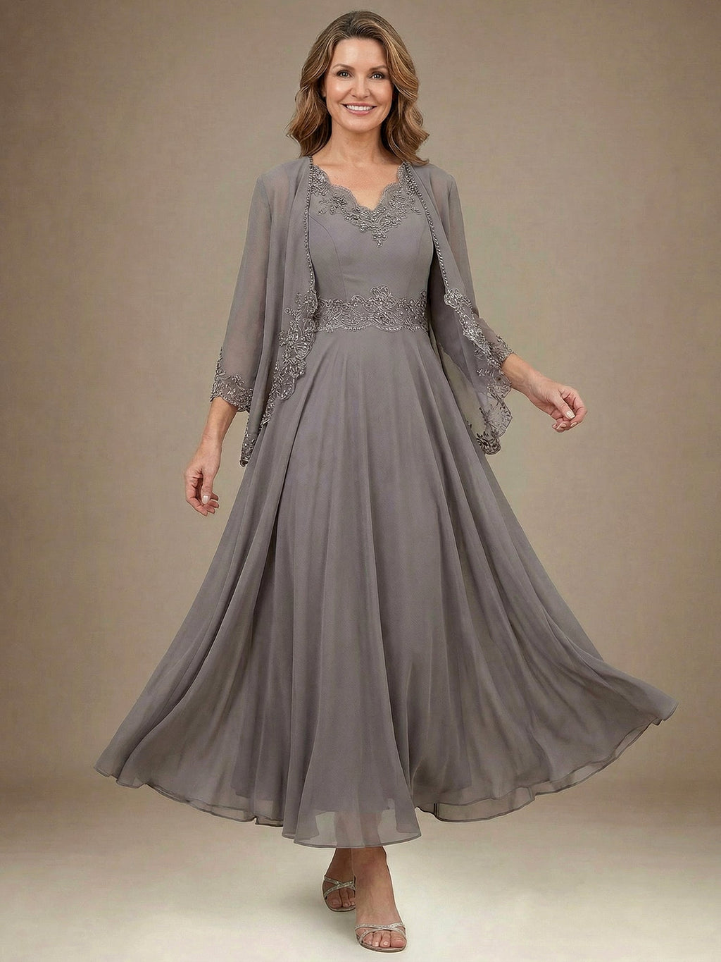 Vestido de madre de la novia línea A con escote en V, largo hasta el tobillo, gasa, lentejuelas, apliques, encaje y abalorios