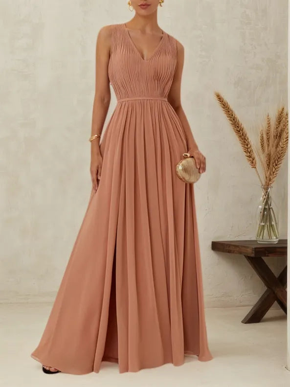 Vestido de Festa Rosa com Franzido, Decote em V, Sem Mangas, Corte A, Longo, para Madrinhas