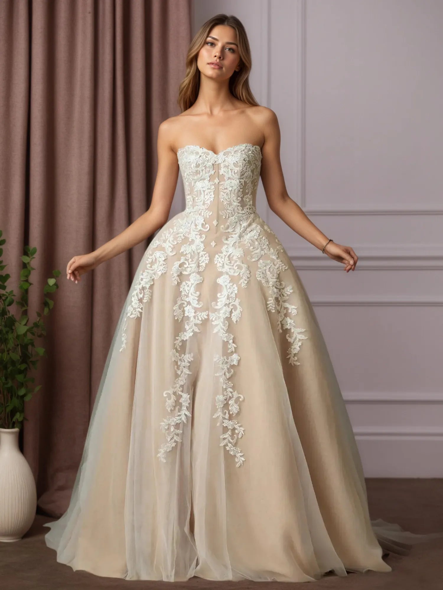Abito da sposa bianco champagne a gonna ampia senza spalline in pizzo