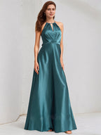 A Line Satin Halter Neck Sleeveless Floor Length Bridesmaid Dress