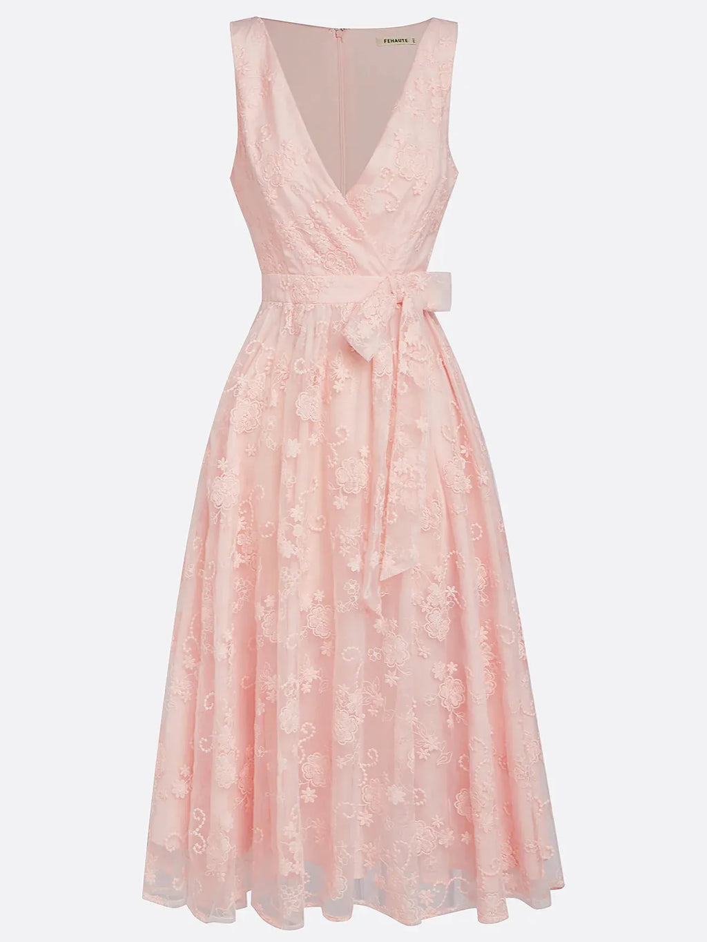 Hellrosa besticktes V-Ausschnitt ärmelloses A-Linien Midikleid