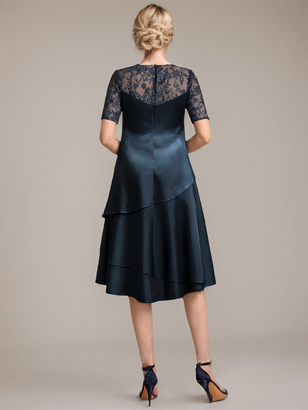 Vestido de mãe da noiva em linha A, comprimento até o joelho, com decote redondo, aplicações e paetês