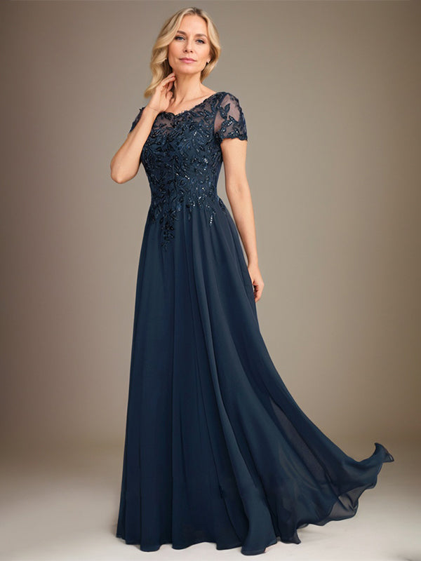 Robe de mère de la mariée en chiffon à coupe évasée, encolure arrondie, longueur au sol, avec appliques et sequins
