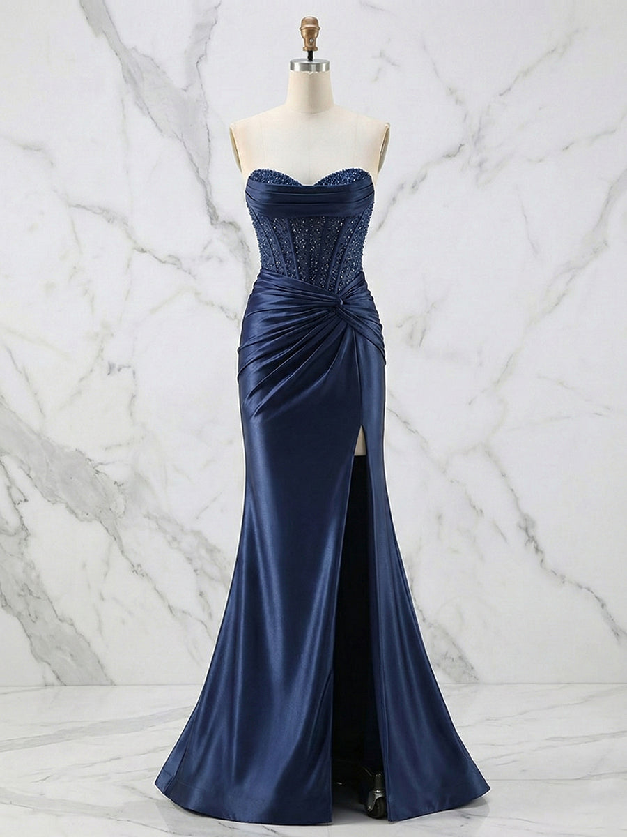 Vestido de fiesta glamoroso de satén con corsé sin tirantes y cuentas, con abertura