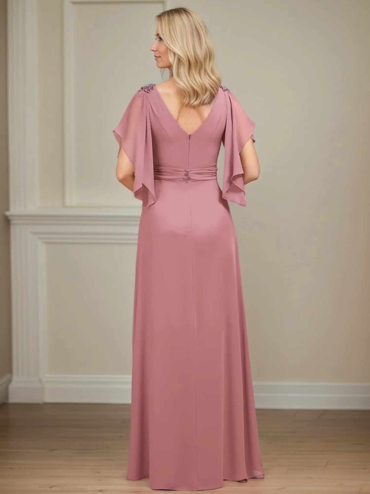 A-Linien V-Ausschnitt Appliziertes bodenlanges Kleid für die Brautmutter mit Rüschen