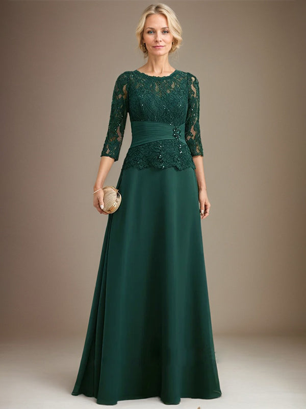 A-Linien Kleid mit Scoop-Ausschnitt, Illusion, bodenlangem Chiffon und Spitze, Mutter-der-Braut-Kleid mit plissierten Pailletten und Perlenbesatz