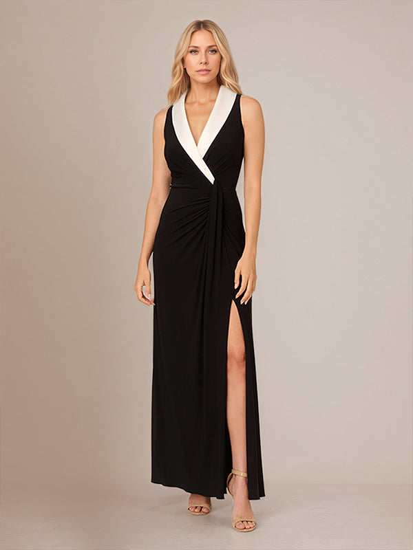 Abito da madre della sposa nero in chiffon con scollo profondo a V, lunghezza alla caviglia e spacco alto