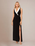 Abito da madre della sposa nero in chiffon con scollo profondo a V, lunghezza alla caviglia e spacco alto