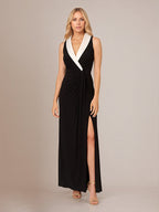 Abito da madre della sposa nero in chiffon con scollo profondo a V, lunghezza alla caviglia e spacco alto