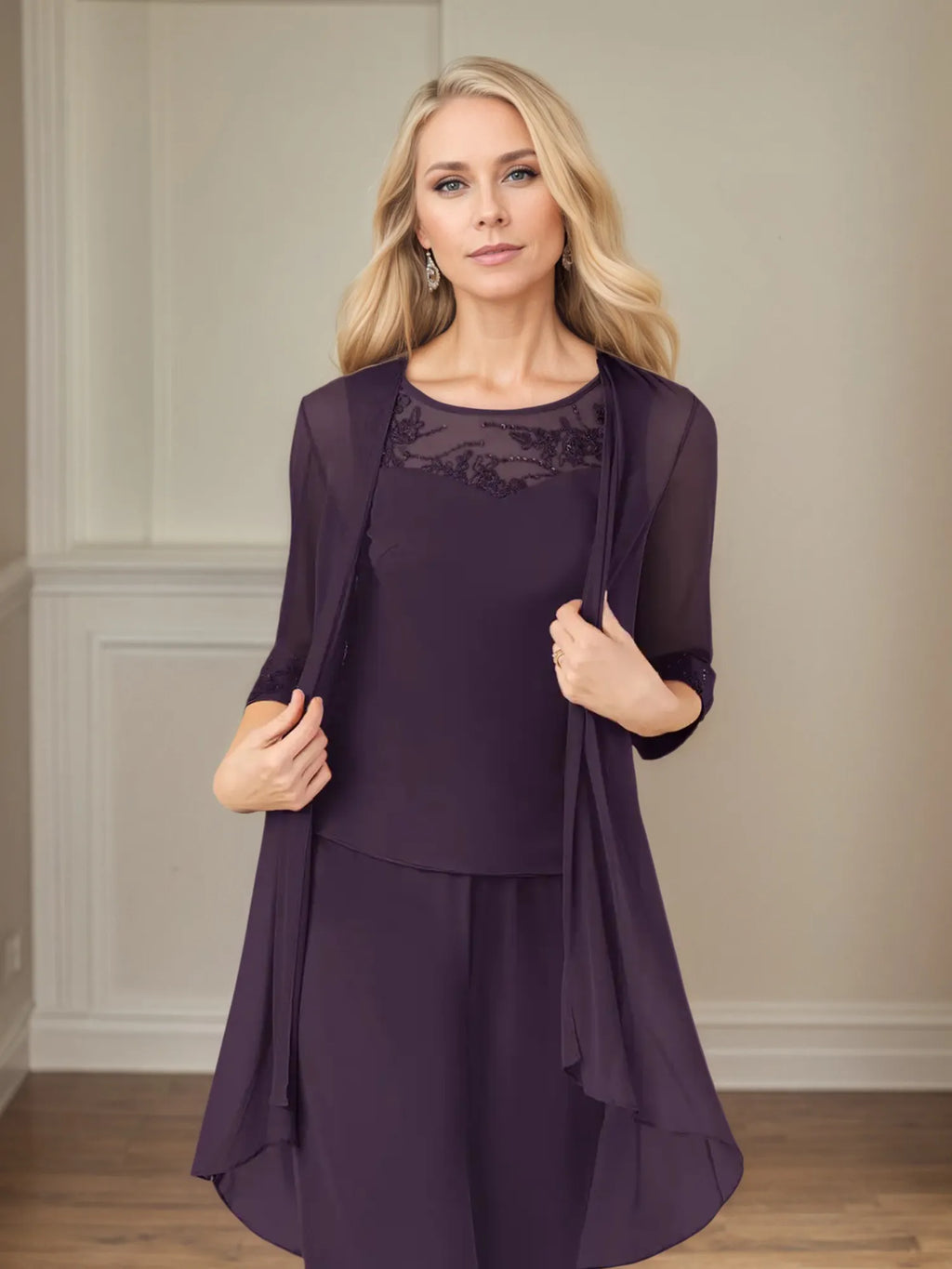 Mono/traje pantalón para madre de la novia, escote redondo, mangas 3/4 y chiffon