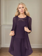 Mono/traje pantalón para madre de la novia, escote redondo, mangas 3/4 y chiffon