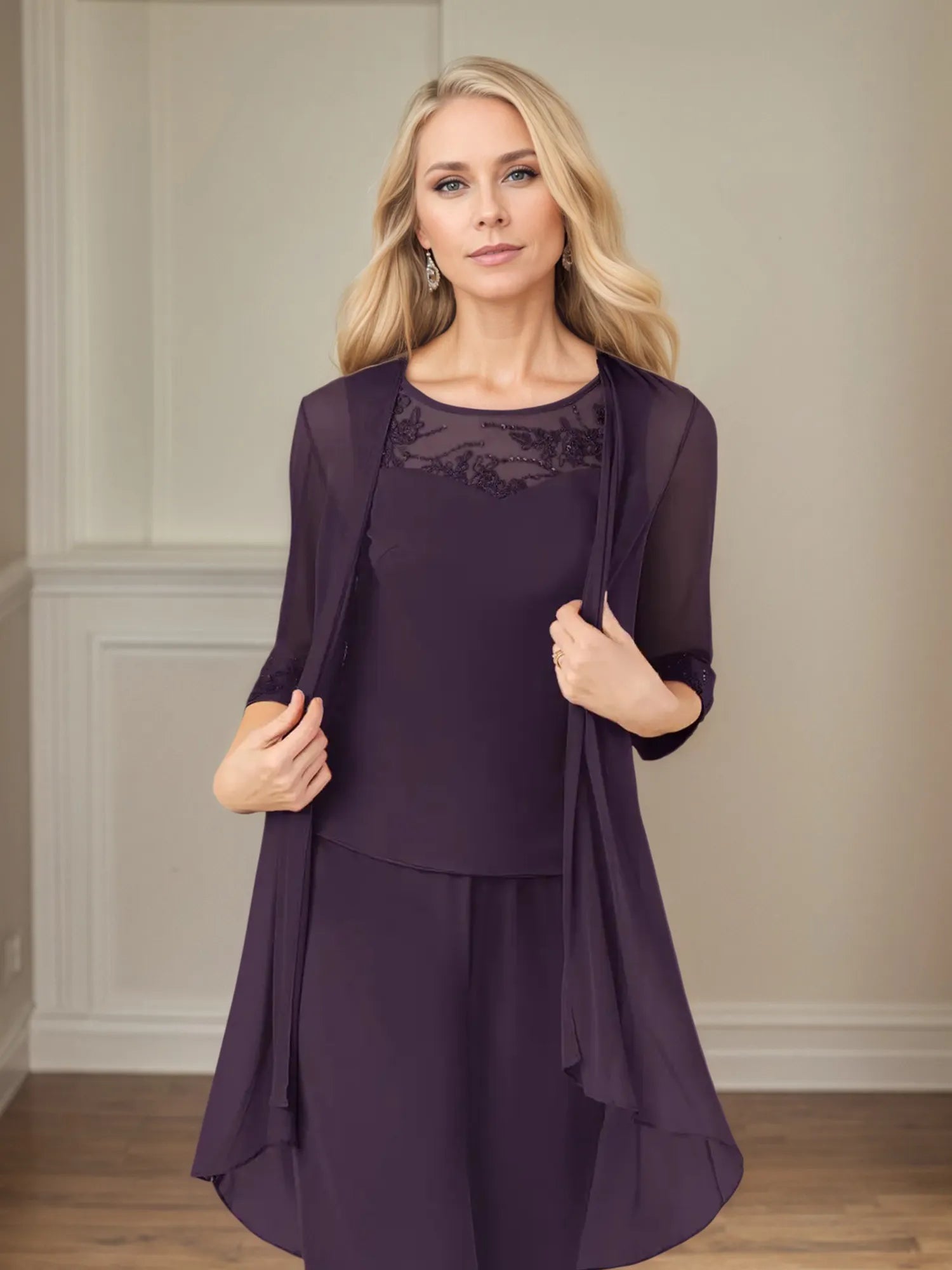 Mono/traje pantalón para madre de la novia, escote redondo, mangas 3/4 y chiffon