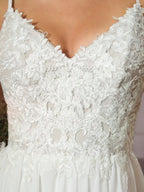 Weißes A-Linien Spitzen Chiffon Hochzeitskleid