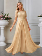 Jumpsuits Illusion Scoop Floor-Length Lace Chiffon Evening Dress With Overskirt Sequins