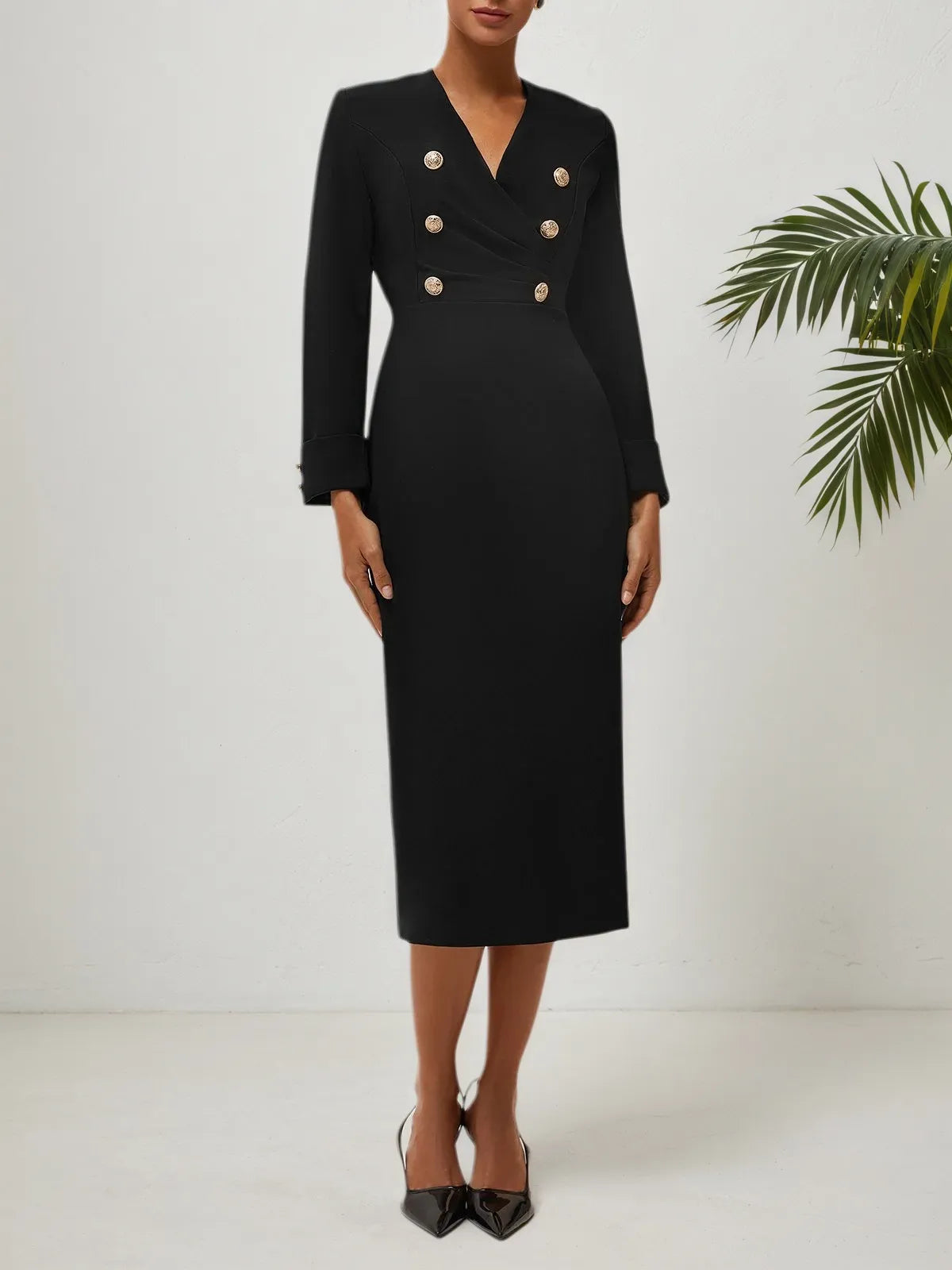 Vestido blazer midi negro con escote en V, manga larga y hebilla