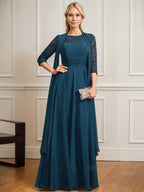 Vestido para madre de la novia línea A con escote redondo ilusión, largo hasta el suelo, encaje y chiffon plisado