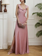 Rosa, gerafftes, ärmelloses Satin A-Linien Kleid