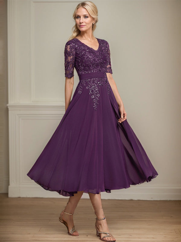 A-Linien V-Ausschnitt Tea-Length Spitzen-Chiffon Kleid für die Mutter der Braut mit Pailletten