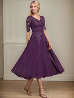 A-Linien V-Ausschnitt Tea-Length Spitzen-Chiffon Kleid für die Mutter der Braut mit Pailletten