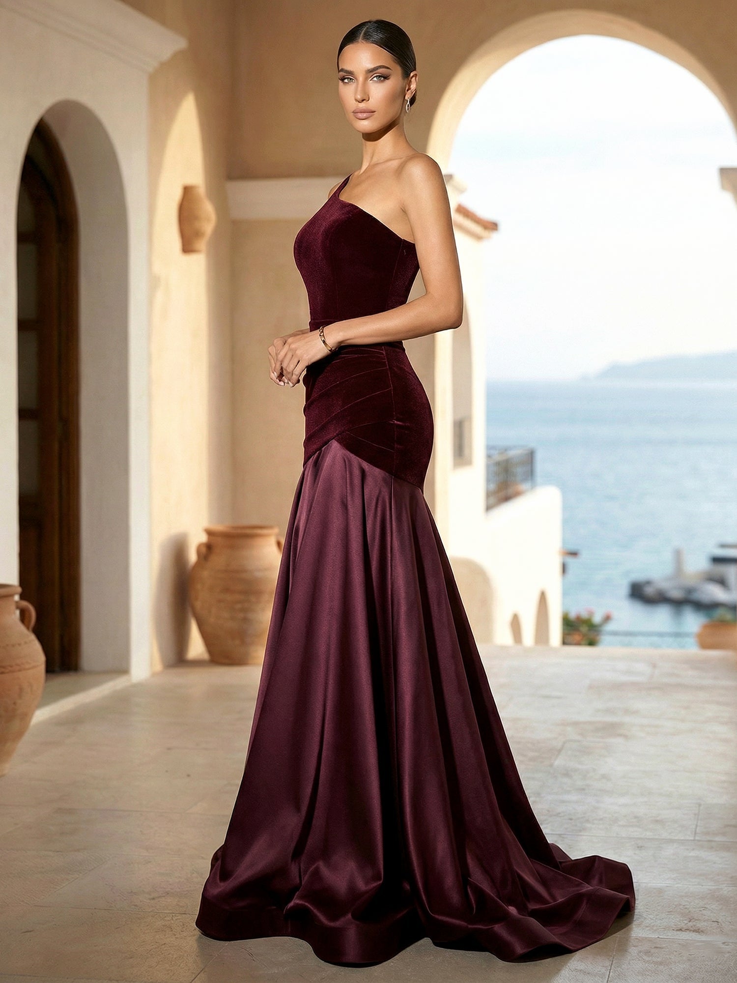 One Shoulder Mermaid Velvet Pleat Evening Dresses for Women