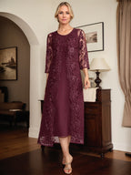 Cabernet A-Linien Rundhals Tee-Länge Spitzen-Chiffon Kleid für die Brautmutter