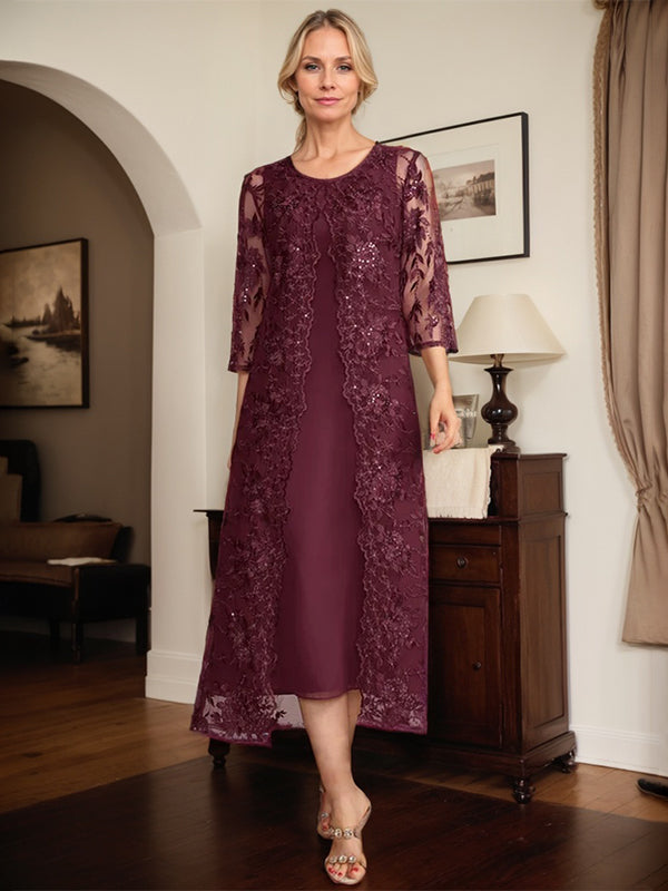 Cabernet A-Linien Rundhals Tee-Länge Spitzen-Chiffon Kleid für die Brautmutter