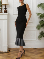 Schwarzes gestricktes Meerjungfrauen-Midikleid mit Bootsausschnitt und ärmellos