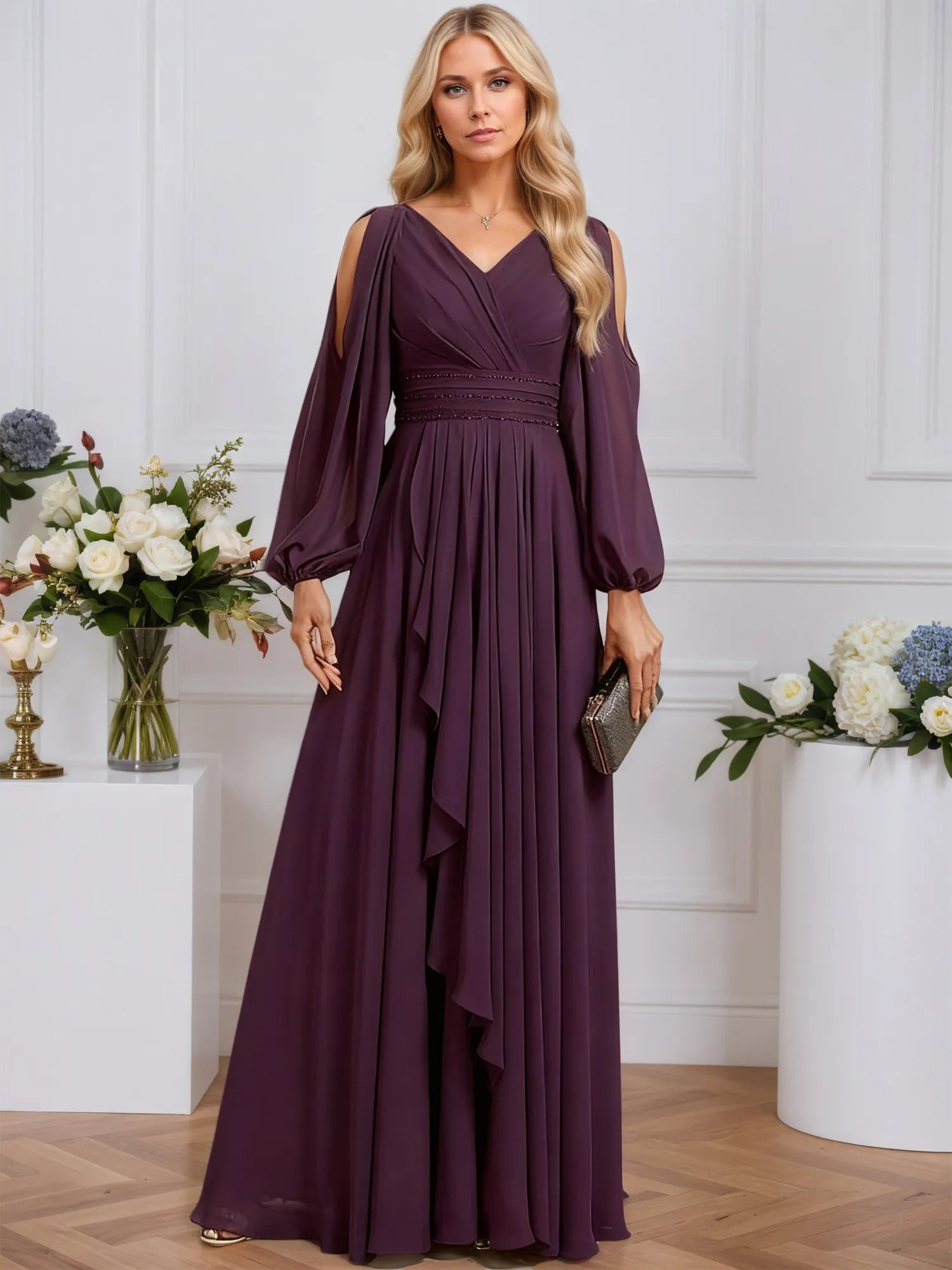 A-line Cold Shoulder V-Neck Floor-Length Chiffon Evening Dress With Cascading Ruffles Beading