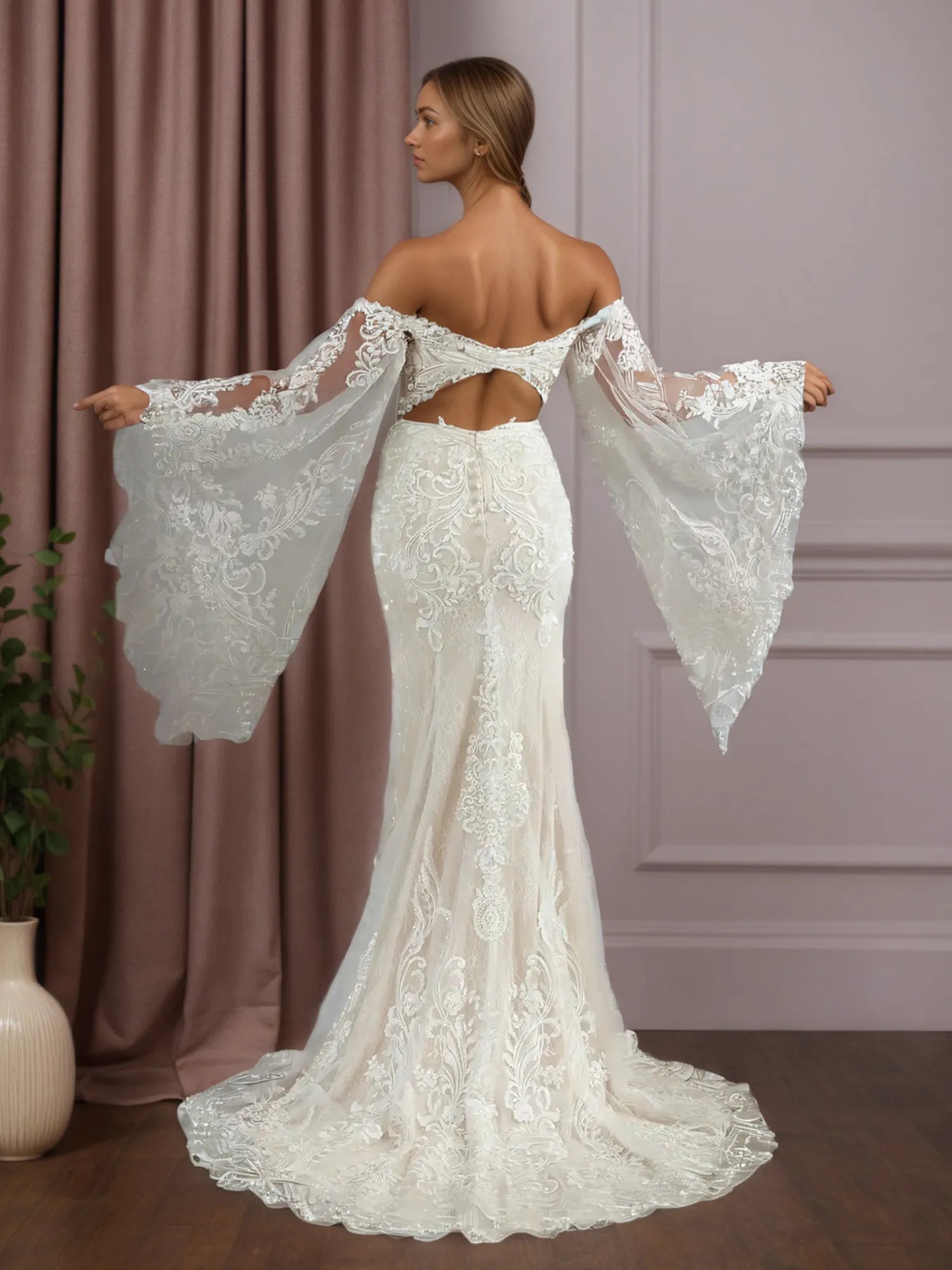 Abito da sposa sirena bianco champagne con scollo a V, paillettes e pizzo