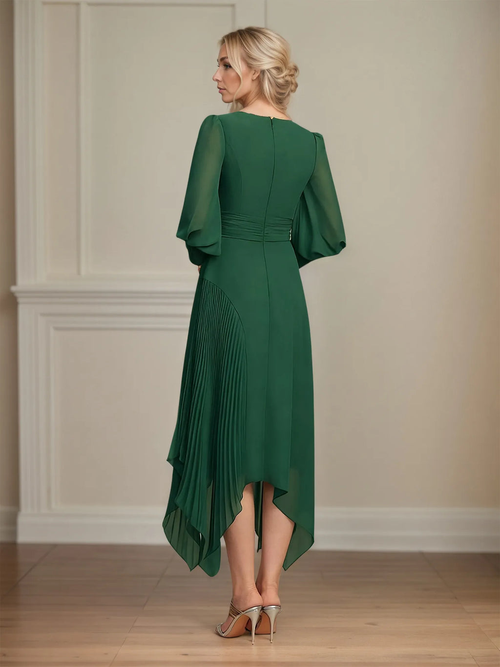 A-Linien V-Ausschnitt Asymmetrisches Chiffon Kleid für die Mutter der Braut mit Schleife und Plissee
