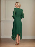 A-Linien V-Ausschnitt Asymmetrisches Chiffon Kleid für die Mutter der Braut mit Schleife und Plissee