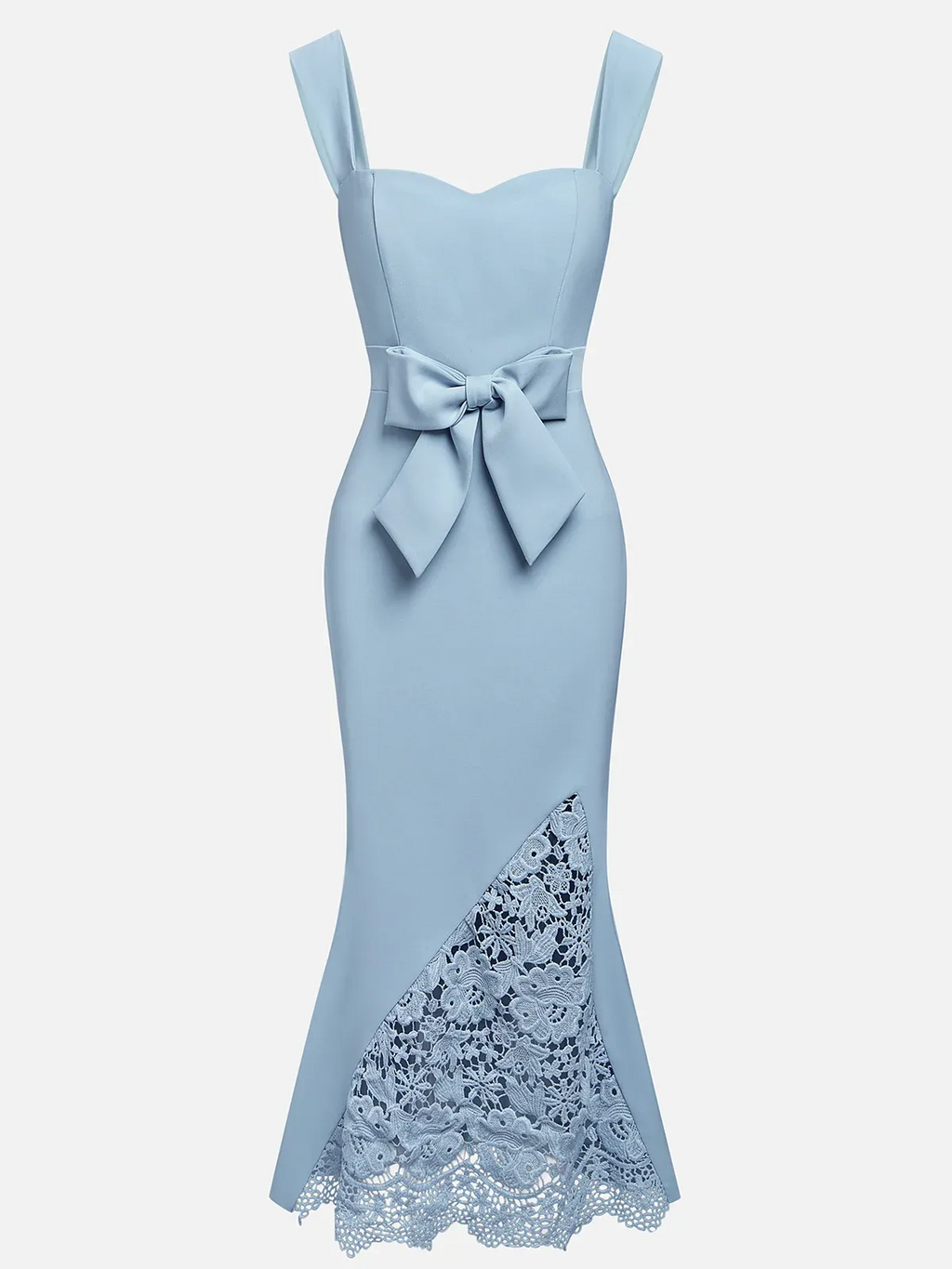 Vestido maxi sirena azul claro con lazo, encaje y escote corazón