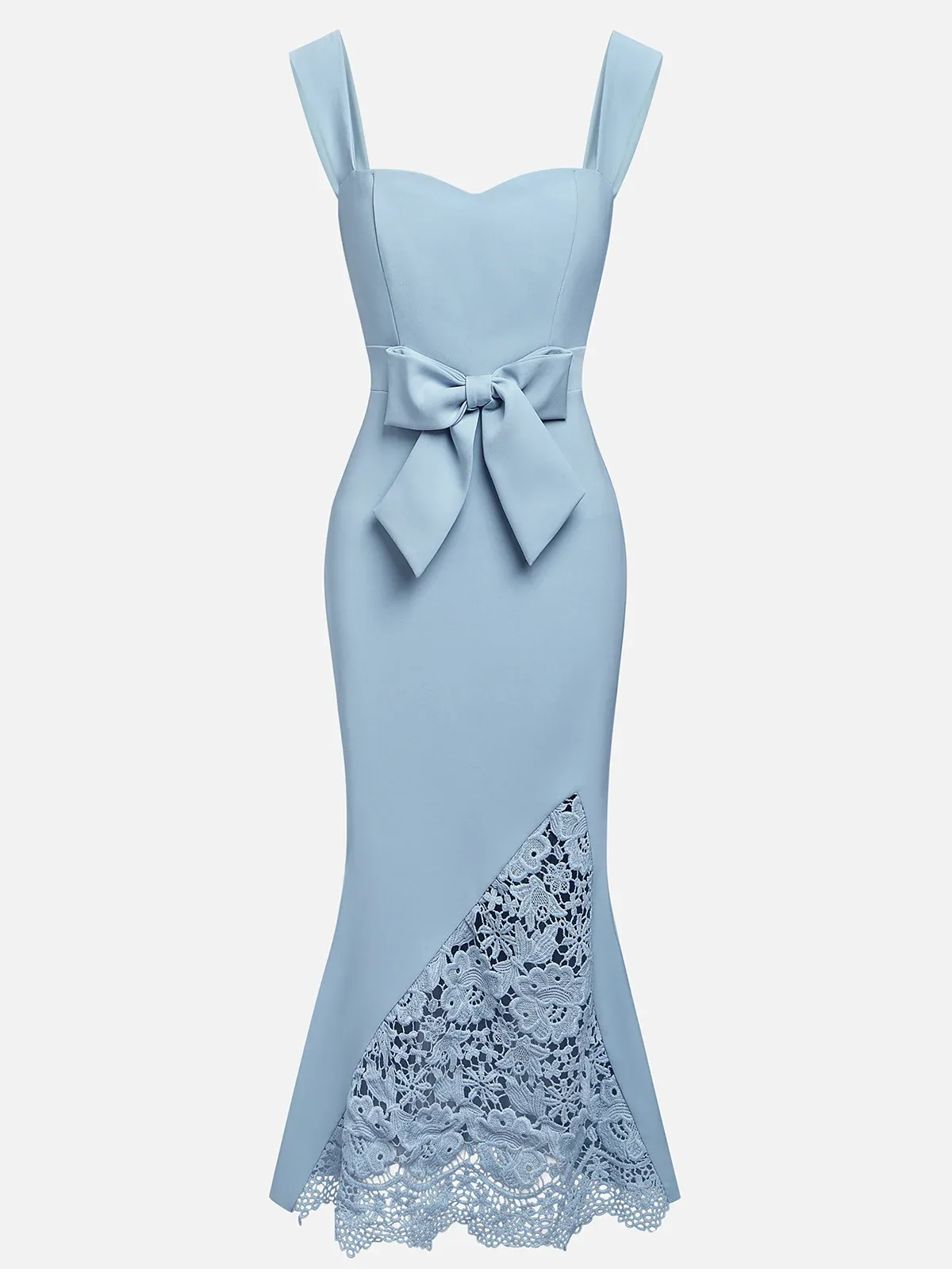 Vestido maxi sirena azul claro con lazo, encaje y escote corazón